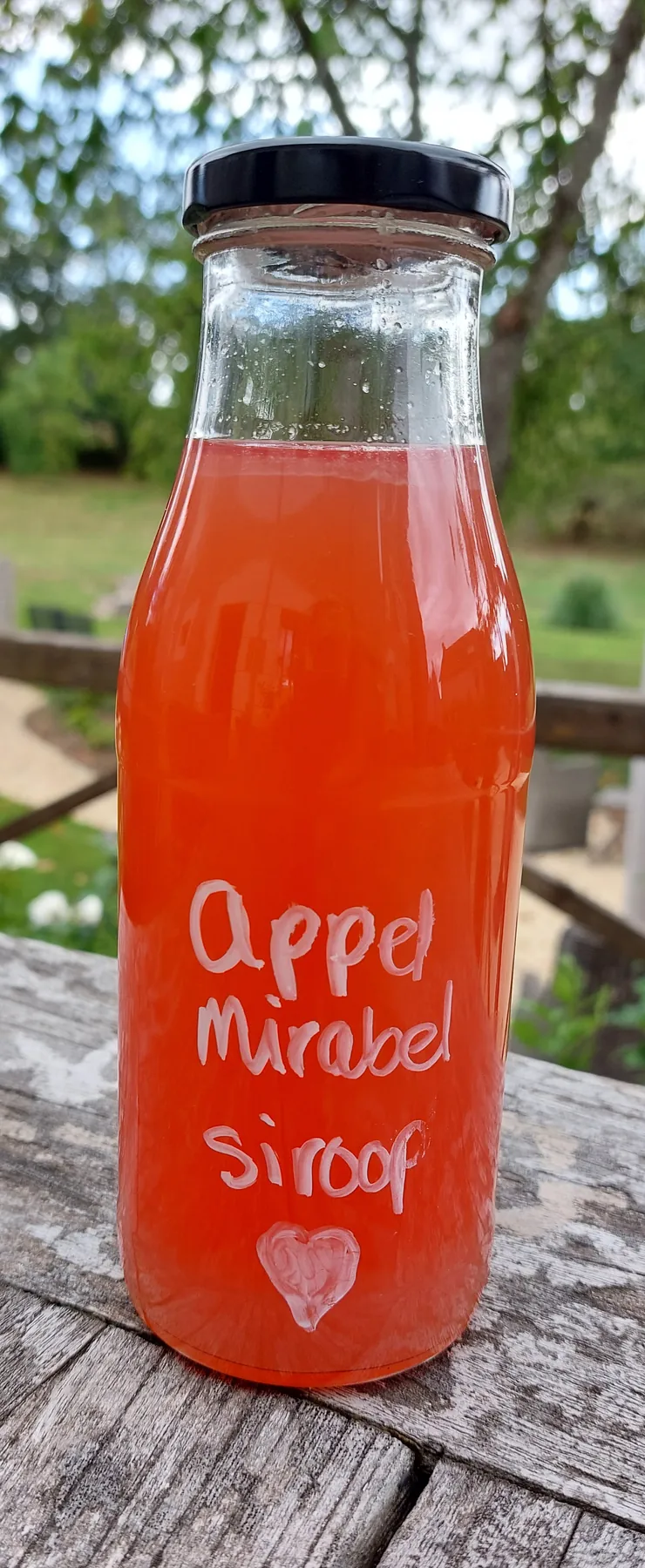 Fles zelfgemaakt appelsap van appels uit de boomgaard van La Joyeuse